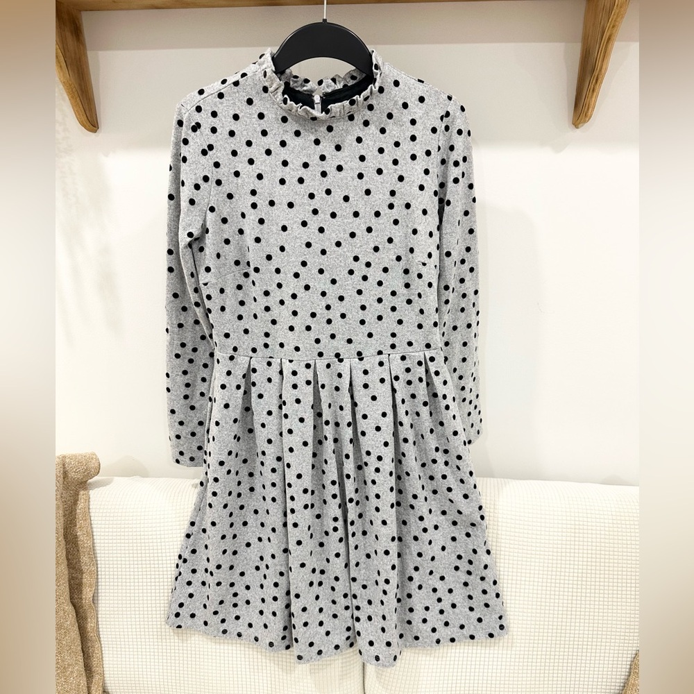 Sweater Dress Women. Gray Black Velvet Texture Polka Dot. Long Sleeve Pockets